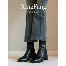 牛革製 ヴィンテージ風 ハイヒール ショートブーツ【スクエアトゥ・太ヒール・厚底】