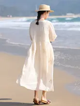 刺繍入りリネン混紡ワンピース【フレンチスタイル・Vネック・夏用・大きなフレア】