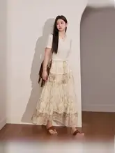 ボヘミアンレース切替プリントハイウエストAラインスカート【夏用・大きいサイズ・スタイルアップ】