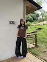 アメリカンビンテージ風 カラー星柄プリントカップル用半袖Tシャツ【ラウンドネック・ゆったりサイズ】（セットアップ対応）