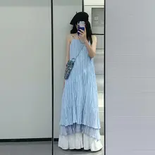 エレガントなブルーのキャミソールワンピース【夏用・リゾートスタイル・ロングドレス】（セットアップ対応）