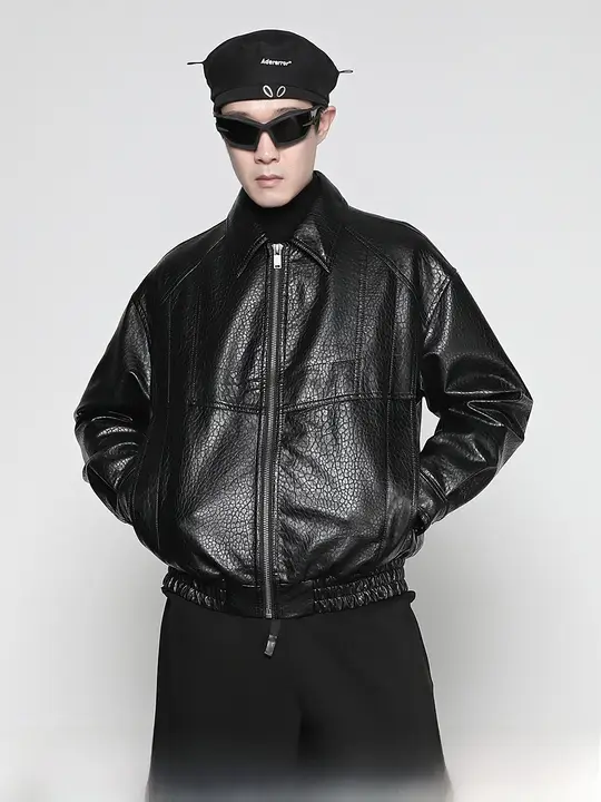 RAYSHOW ヴィンテージ風 ライチパターン ワイドフィット ショートレザージャケット