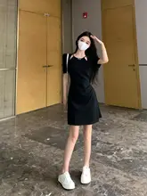 レディース 夏用 ラウンドネック レースデザインの黒ワンピース【ウエスト絞り・大きいサイズ・シンプルスタイル】