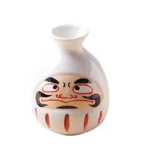 手描きダルマデザインの日本酒ポットと酒杯【ビンテージスタイル・温酒瓶・二つの杯付き】（セットアップ対応）