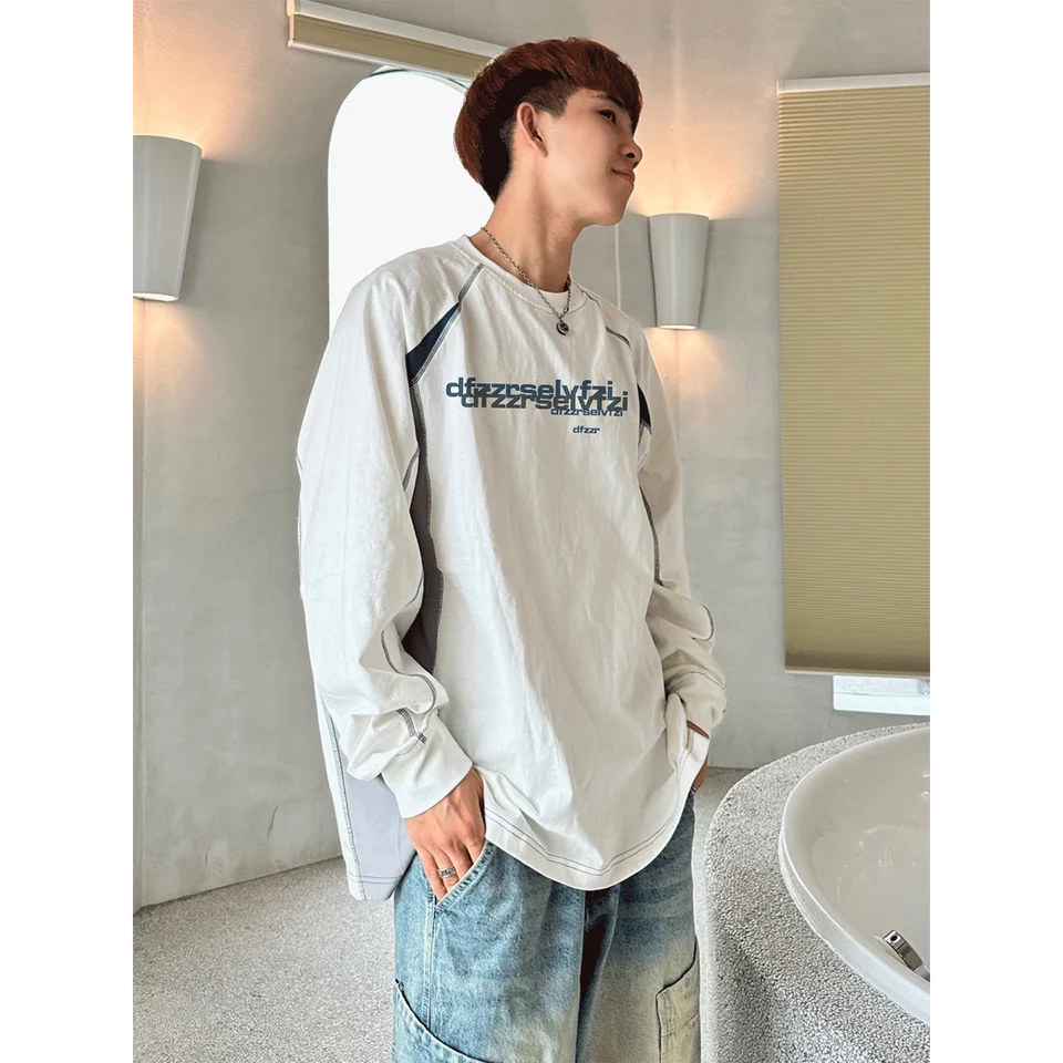 個性的なカジュアルデザイン！丸首長袖Tシャツ【メンズ・コットン・秋用】