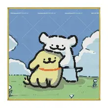 ラインデザインの小犬 刺繍作品【子供部屋向け・可愛いアート】（セットアップ対応）