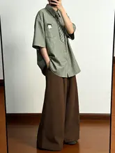 レトロなアカデミックスタイルのグリーンストライプ半袖シャツ【シンプル・ルーズフィット・ネクタイ付き】