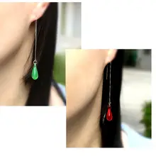 925純銀製 アレルギー対策の長款水滴形イヤリング【レトロデザイン・琉璃製】