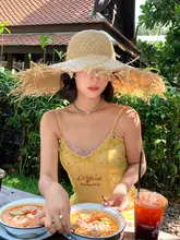リゾート風 大きなつばの麦わら帽子 レディース 2025春夏
