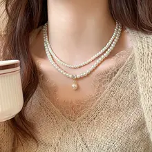 二重層の立体デザイン！スクエアパールペンダントネックレス【女性用・セーターにぴったり・鎖骨ネックレス】