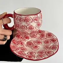 Oranges 限定ヴィンテージ風手描き染色ローズコーヒーカップ&ソーサー【アフタヌーンティー用・ラテカップ・ギフトに最適】