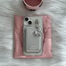 Y2Kスタイル 銀色リボン付きマグセーフ磁気スマホケース【レザー製カードポケット付き・iPhone対応】