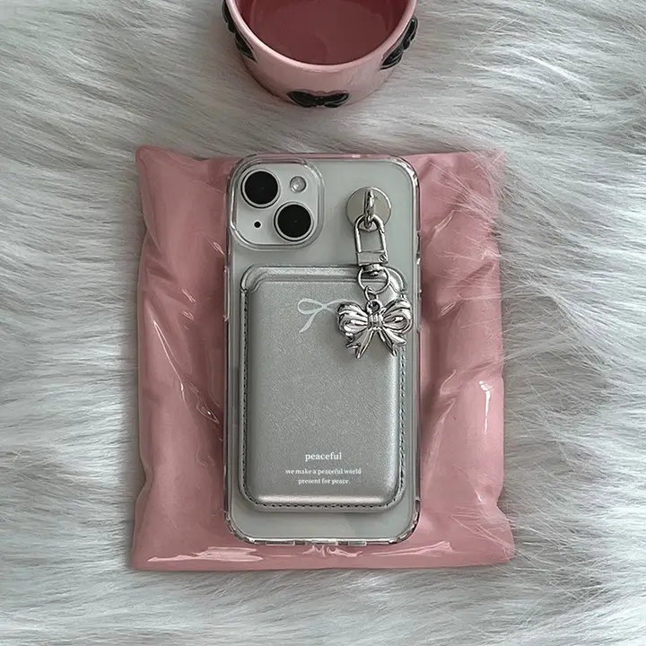 Y2Kスタイル 銀色リボン付きマグセーフ磁気スマホケース【レザー製カードポケット付き・iPhone対応】
