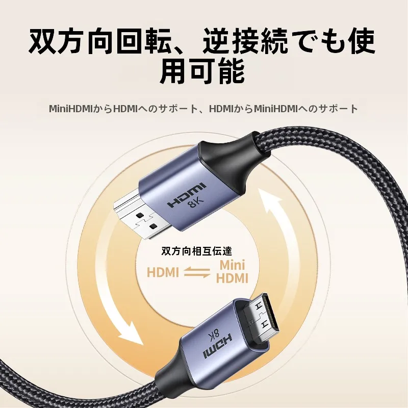 ミニ HDMI から HDMI 2.1 への高画質変換ケーブル：8K対応でカメラ接続を簡素化