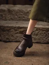 秋冬用 厚底ヒールのアンティークスタイルショートブーツ【真皮・角型トゥ・レディース】