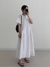 夏用ゆったりシンプルドレス【ラウンドネック・パフスリーブ・ティアードデザイン】