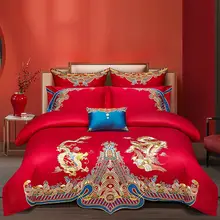豪華な中華刺繍結婚寝具 八点セット【縁起の良いドラゴンとフェニックスデザイン・長毛綿使用】（セットアップ対応）