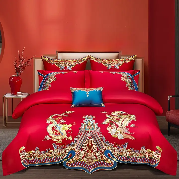豪華な中華刺繍結婚寝具 八点セット【縁起の良いドラゴンとフェニックスデザイン・長毛綿使用】（セットアップ対応）