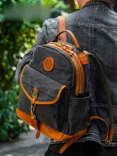 シンプルなデザインの手作り牛皮キャンバスリュック【多機能・デイパック・登山用】