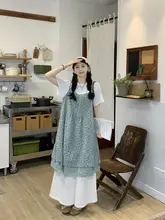 グリーンフラワープリントキャミソールワンピース【レースの縁取り・夏用】＆短袖Tシャツ＆カジュアルパンツ（セットアップ対応）