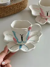 手作りギフトボックス入り 陶器製バタフライデザインカップ【コーヒー用・アフタヌーンティーセット】