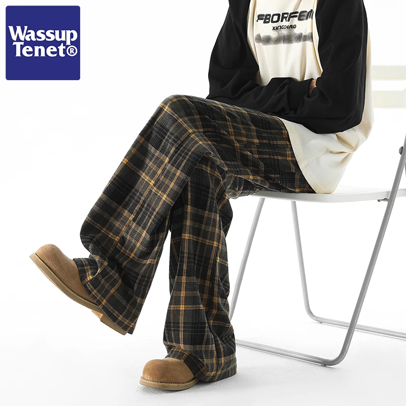 メンズ チェックパンツ WASSUP TENET 2024秋モデル：レトロ柄のストレートフィットカジュアルパンツ