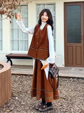 3点セット レディース コーデュロイ ベスト Tシャツ スカート ボヘミアン ヴィンテージ 秋