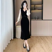 秋冬用 ベルベット デザインVネックフィッシュテールワンピース【スタイリッシュフィット・洗練された印象】