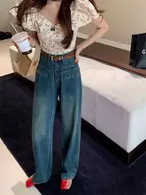 深い青のロゴ入りハイウエストワイドレッグデニムパンツ【夏用・フィット】（セットアップ対応）