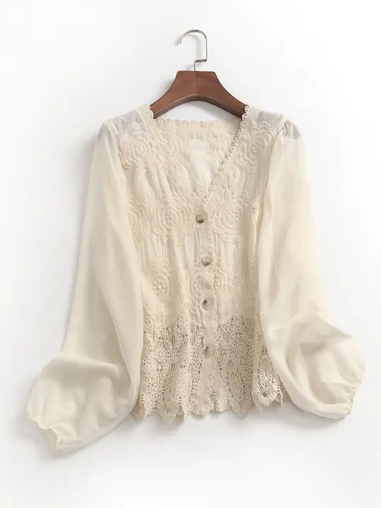 春用リボンデザインの透かしレースカーディガン【Vネック・長袖・女性用】