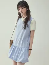 ブルーチェック風フラワーベールドレス【夏用・短袖・ショート丈・フェイクレイヤード】（セットアップ対応）