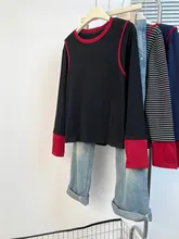 ツートンカラーのストライプコットン長袖Tシャツ【大きいサイズ・女性用・シンプルデザイン】（セットアップ対応）