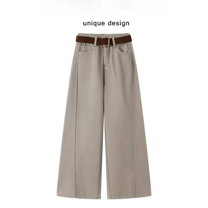 高腰ワイドレッグデニムパンツ【冬用・フィット・シンプルデザイン】（セットアップ対応）