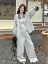 浅灰色デニムジャケット＆ワイドパンツ【カジュアル・フィット・秋季対応】（セットアップ対応）