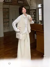 杏色 オシャレなスーツベストとカジュアルシャツ、スリムフィットのワイドパンツ【春秋用・女性用・セットアップ対応】