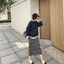 misslady 高腰フラワープリントニットスカート【Aライン・膝下丈・エレガントデザイン】