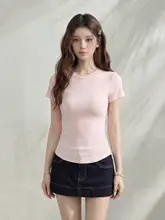 夏用シンプルデザイン！ピンクのクルーネック半袖Tシャツ【女性用・フィット感・ウエストシェイプ・短丈】