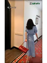 SRK ブルー短袖デニムシャツ【夏用・薄手・ルーズフィット・パフスリーブ】とスカートの2点セット
