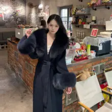 フェイクファー付き ツイード風 ダブルフェイスウールコート【中長丈・ウエストリボン・スタイリッシュ】