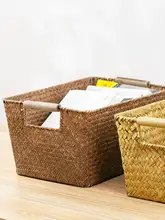 大容量草編整理バスケット【デスクトップ収納用・自然素材・ウェッジウッドデザイン】