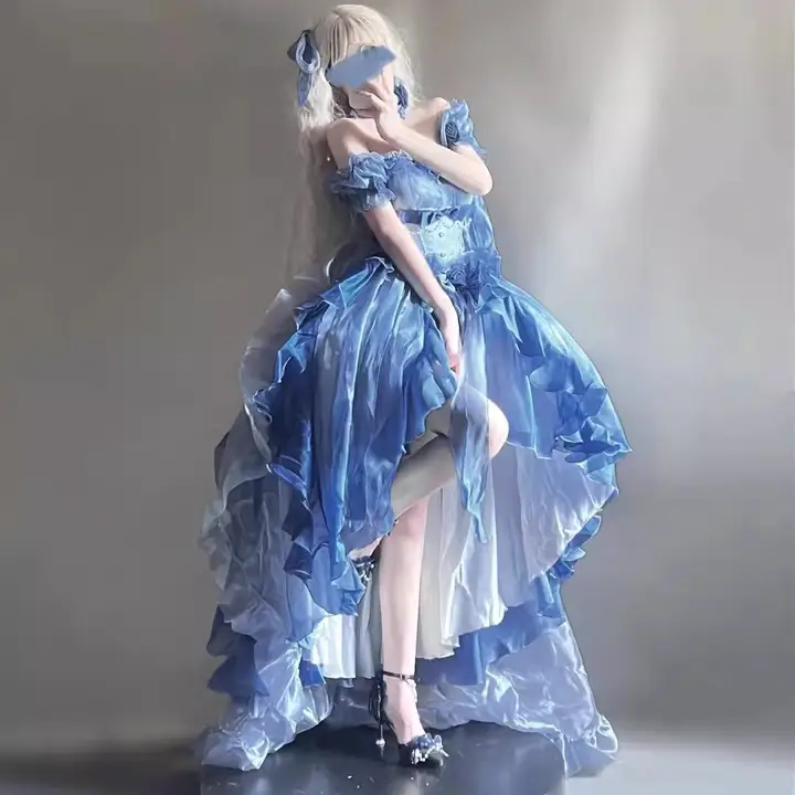 ブルーの花嫁ロリータワンピース【トレーン付き・フリルデザイン・ふんわりシルエット】