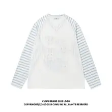 猫デザインのストライプ長袖Tシャツ【Vネック・春夏用・ユニセックス・フィット】