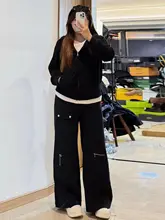 美ラインのブラックワイドレッグデニムパンツ【アメリカンストリートスタイル・大きいサイズ・体型カバー】（セットアップ対応）