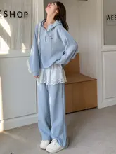春にぴったりのレースデザインのブルースポーツカジュアルパーカー【女性用・極上の柔らかさ・おしゃれ】（セットアップ対応）