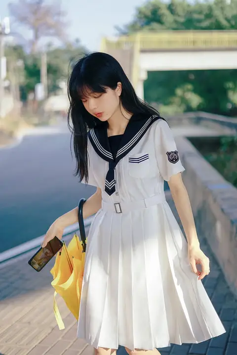オリジナルJK制服 ワンピース【夏向け・ネイビーカラー・白襟・プリーツデザイン】
