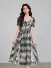 夏用レース切替チェック柄Aラインワンピース【特徴的なウエストデザイン・女性用】