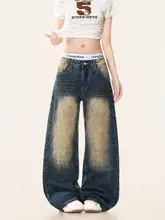 アンティークウォッシュ仕上げのストレートデニムパンツ【春用・ユニセックス・ワイドレッグ】（セットアップ対応）