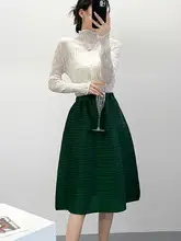 優雅なデザイン！横しわプリーツのハイウエストAラインスカート【中丈・女性用】