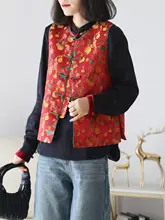 華やかな中国風新年用紅色七彩葫蘆刺繍ベスト【改良中式デザイン・色違いのボタン付き】