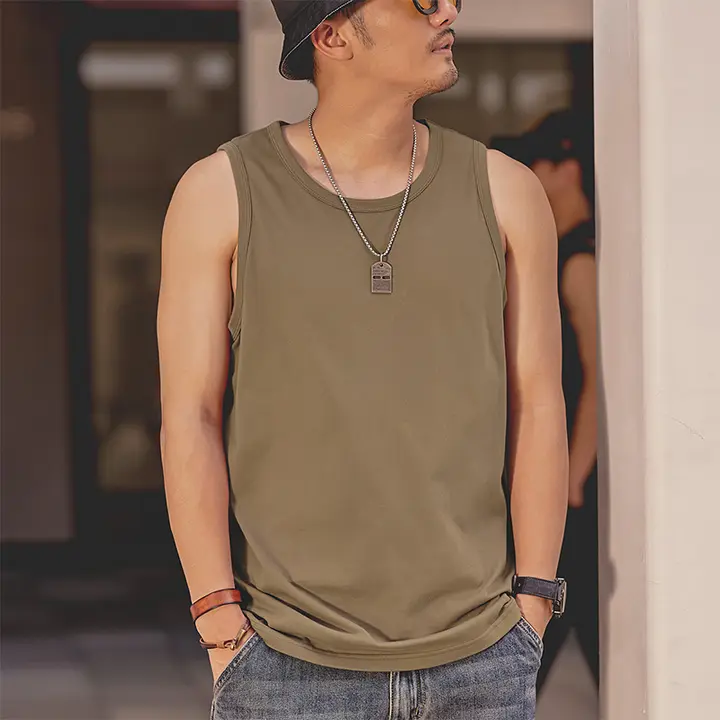 夏用 コットン製 ミリタリーグリーン ノースリーブ タンクトップ【ゆったりフィット】